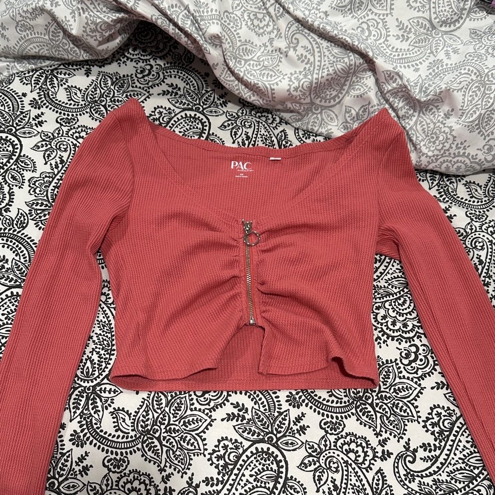 PacSun Coral Ribbed Crop Top with Zipper